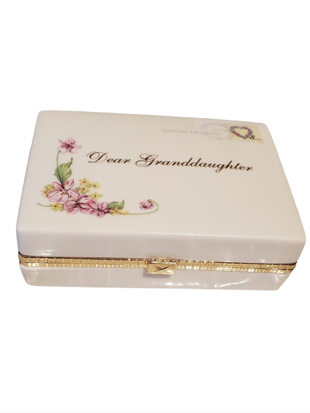 Dear Granddaughter Porcelain Keepsake Music Jewelry Box - Cream with Pink Floral
